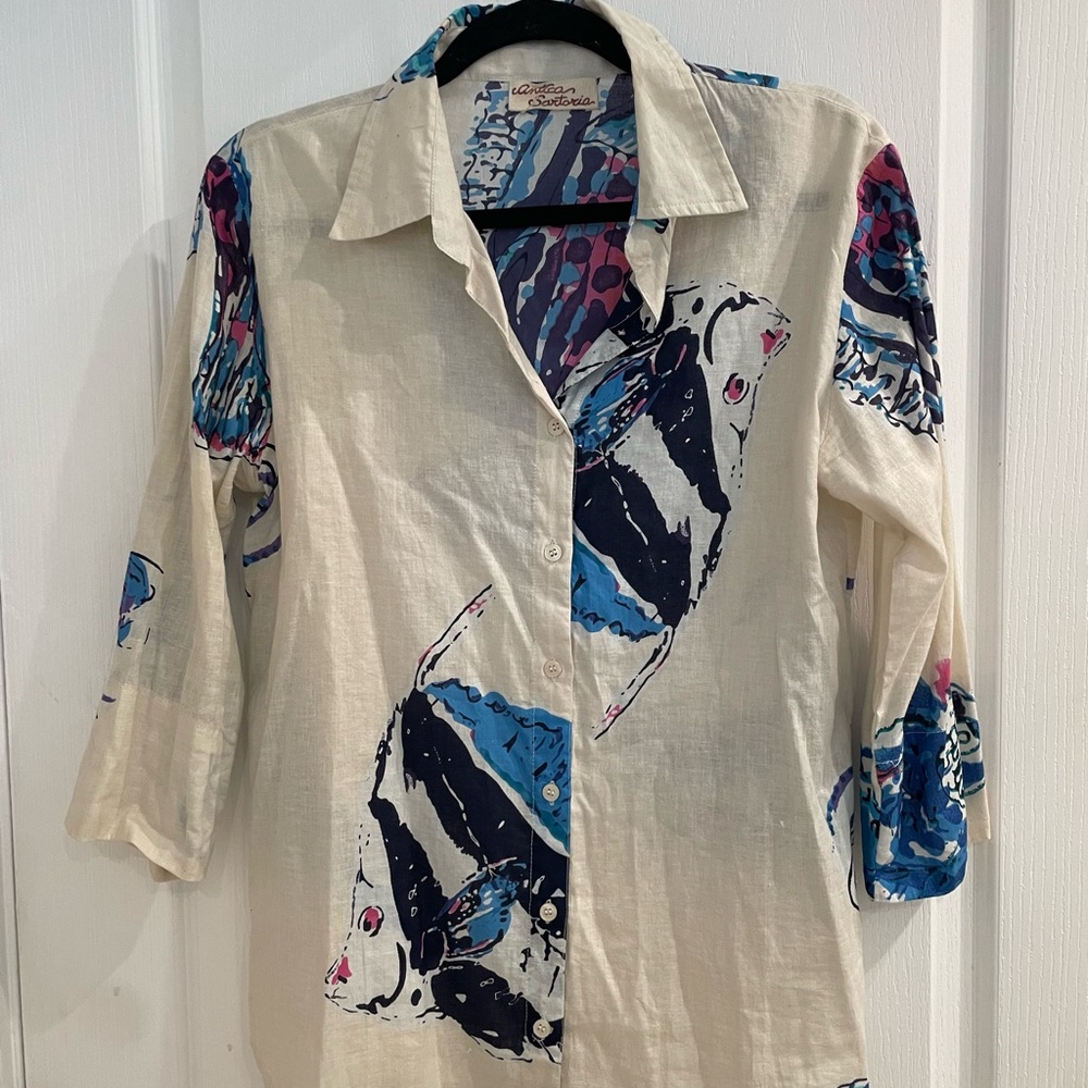 Vintage Cream Button-Down Shirt with Blue & Black Fish Print